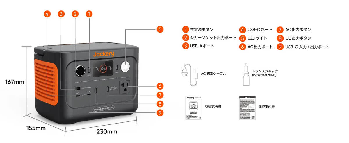 Jackery ポータブル電源 300 Plus同梱物