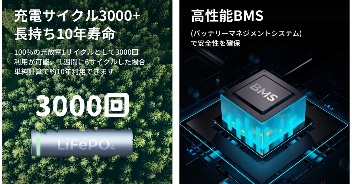 3000回の充放電サイクルに耐えるリン酸鉄リチウムイオンバッテリー