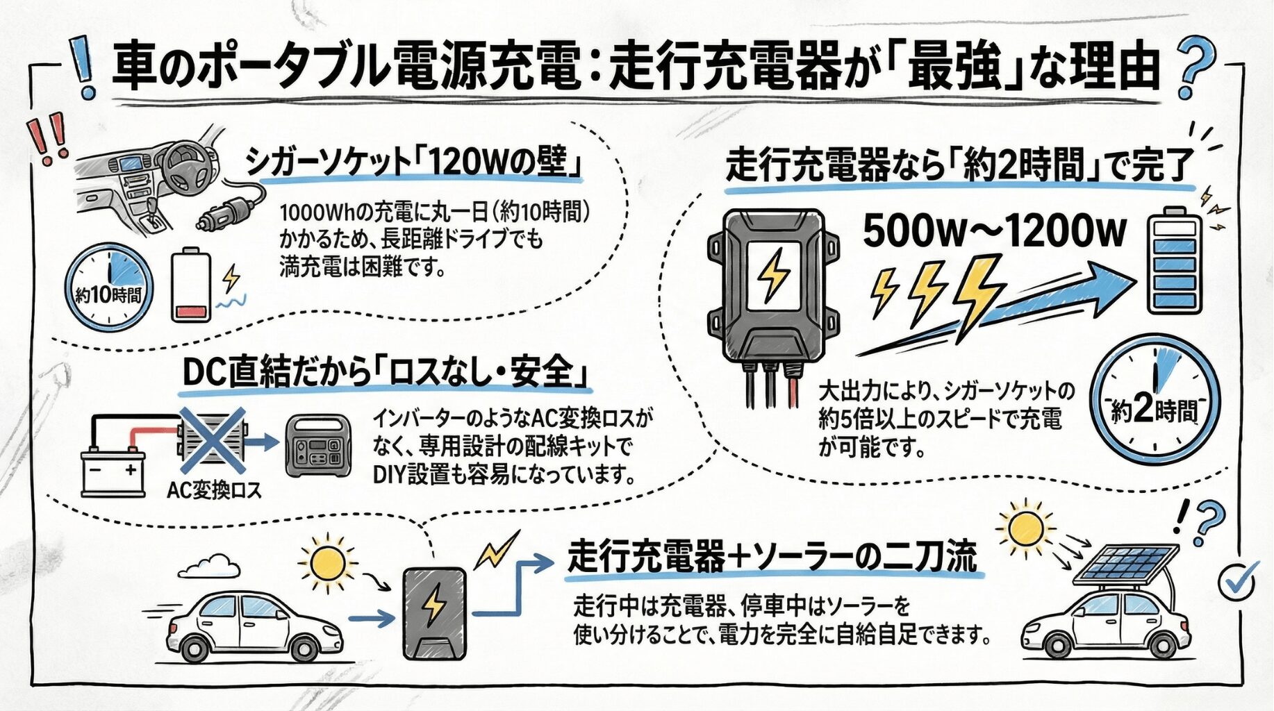 車でポータブル電源を充電する5つの方法｜シガーソケットの限界と走行充電器のメリット