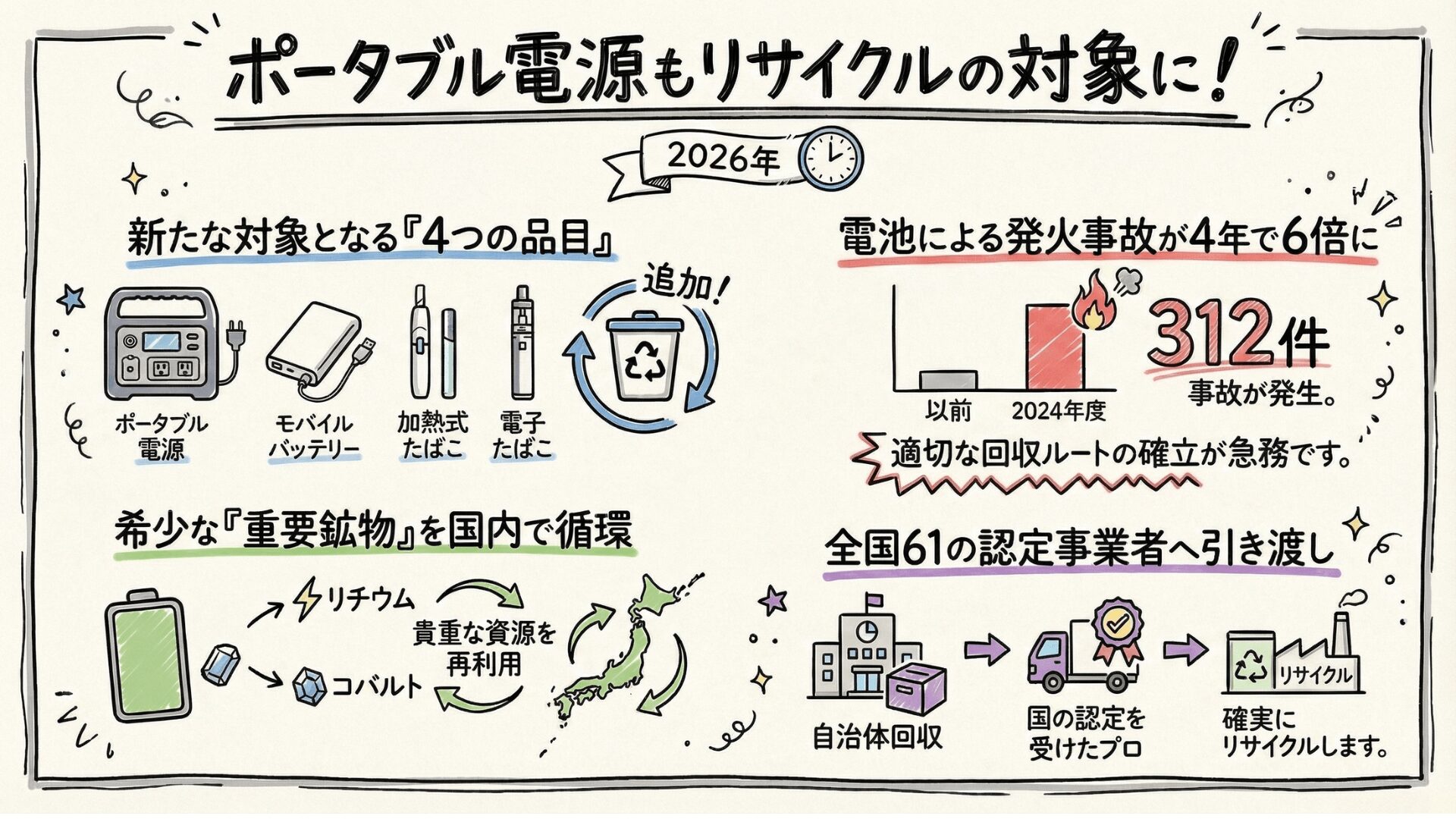 制度面の変更：ポータブル電源が小型家電リサイクル法の対象品目に追加される見通し。政令改正によって実現される。