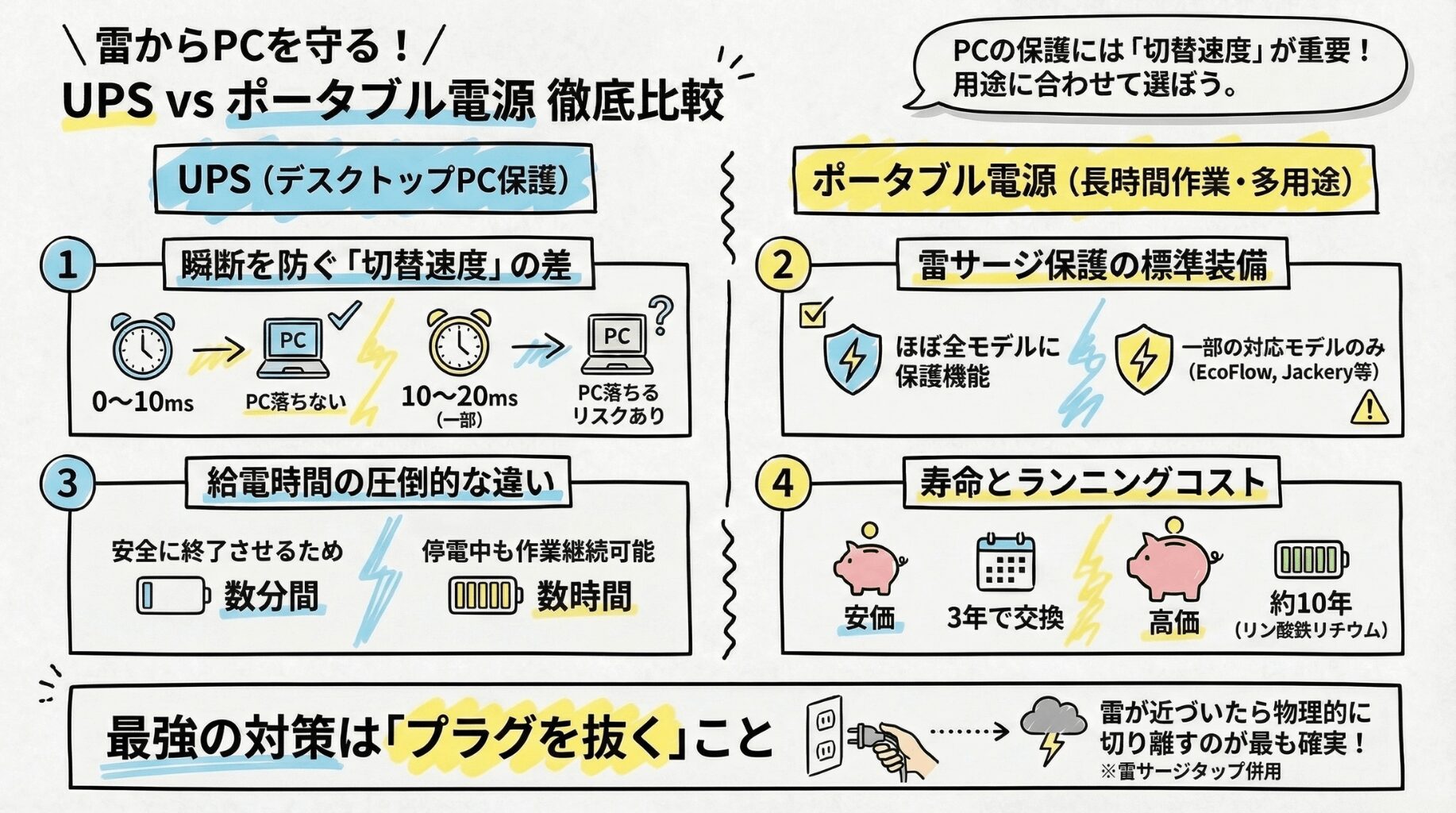 専用UPSを使うか、ポータブル電源をUPS代わりに使うか。